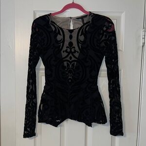 BCBGMaxAzria Black Mesh and Velvet Peplum Asymmetrical Long Sleeve Blouse